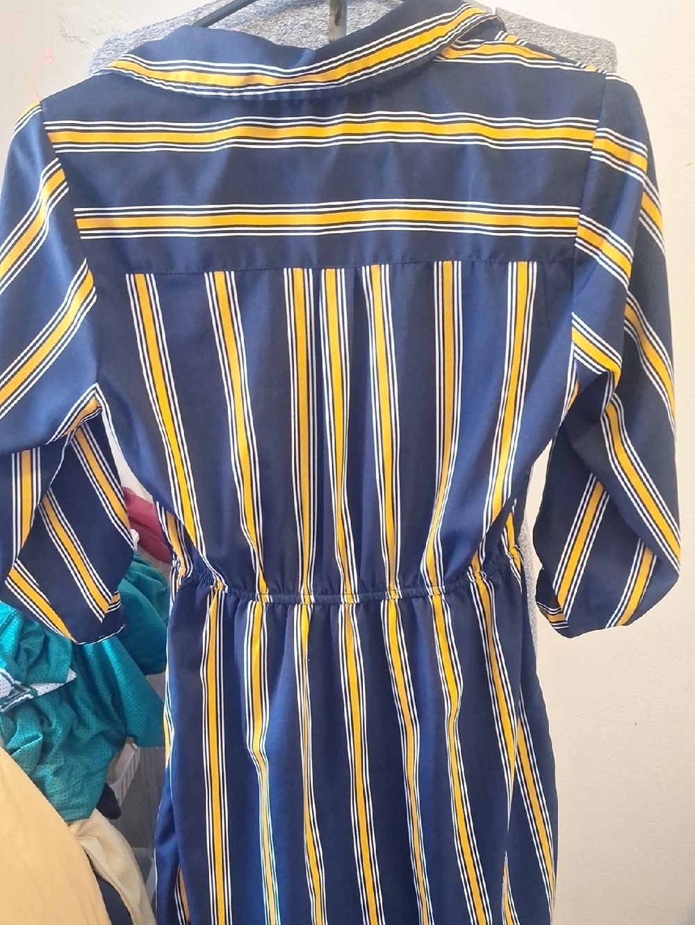Speed Control Navy Stripe Button-Front Shirt Dress with Yellow Accents - Picture 4 of 9